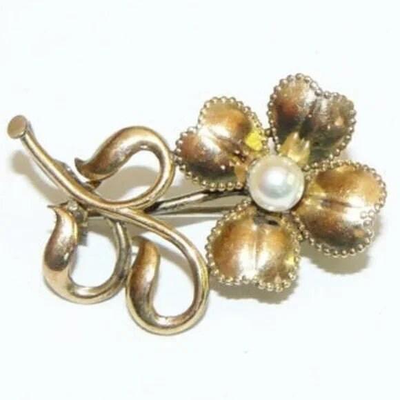 Antique Gold Filled Flower Brooch with Genuine Pearl