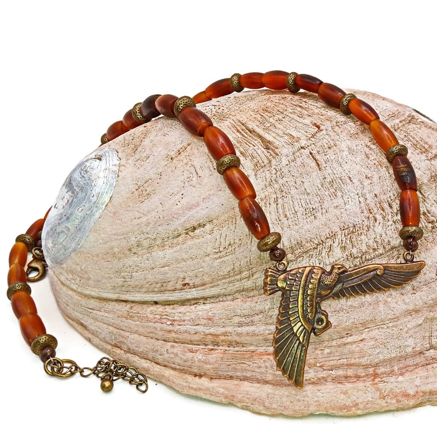 Egyptian Brass Bird Pendant with Horn Beads