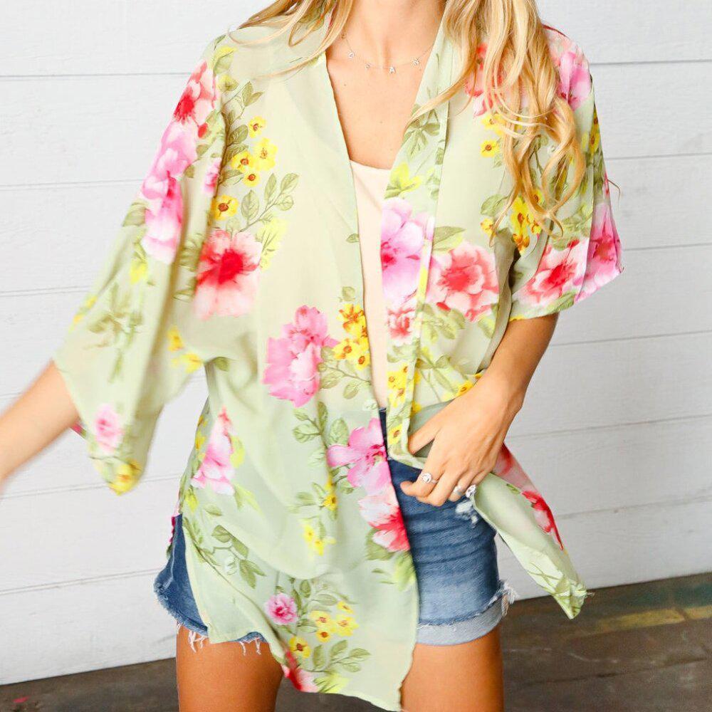 New Sage Floral Print Chiffon Cover Up Kimono Size Large
