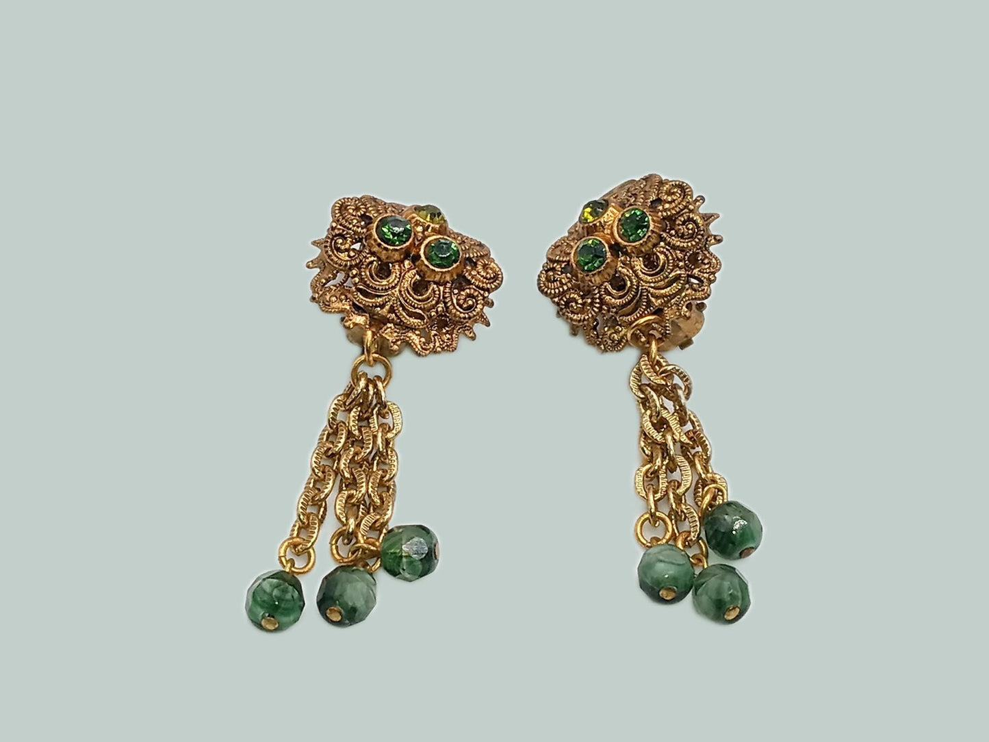 Vintage Filigree and Rhinestone Dangle Earrings W. Germany