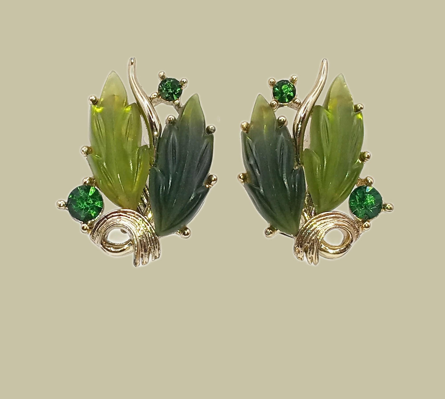 1960s Signed LISNER Green Molded Lucite & Rhinestone Leaf Clip Earrings