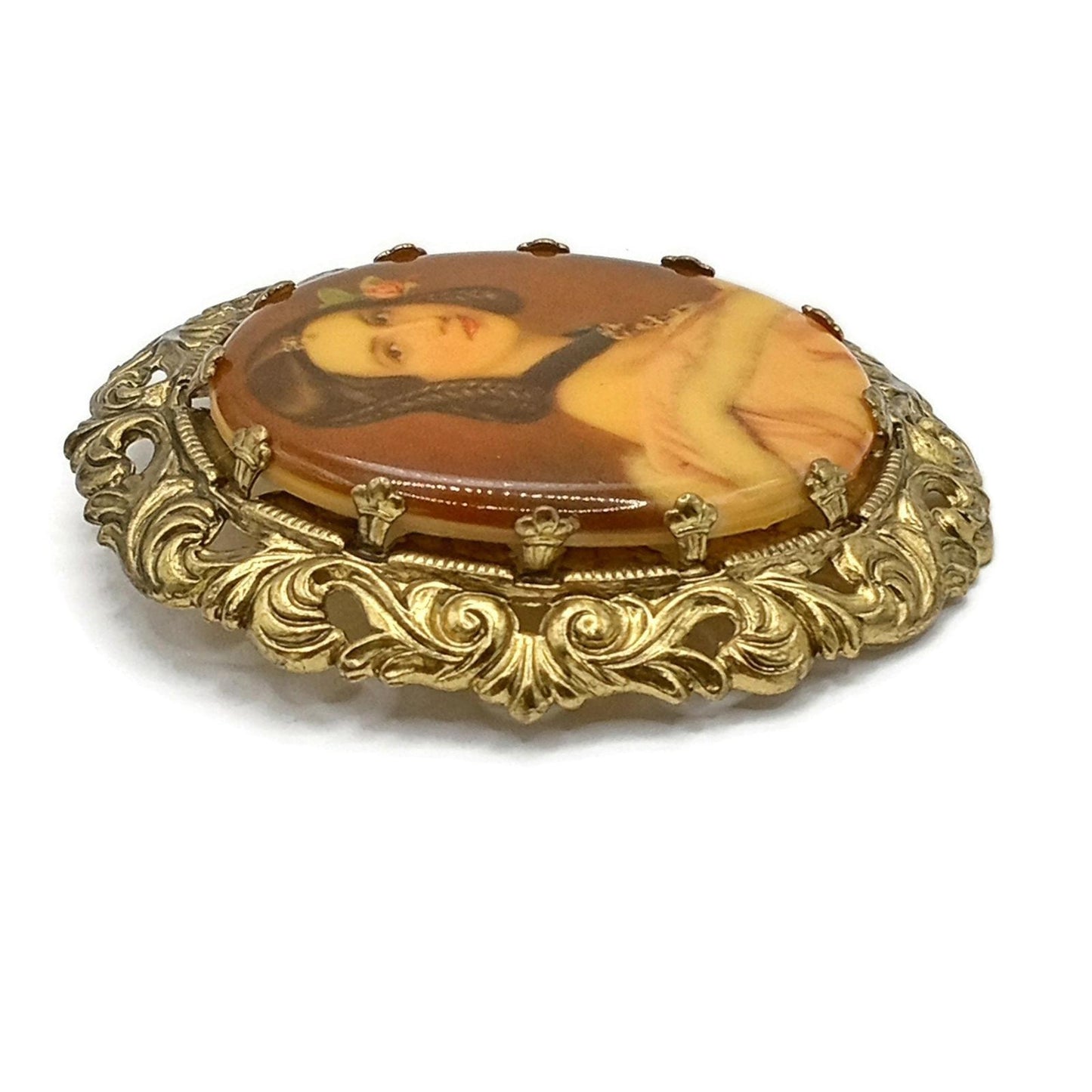 Vintage Western Germany Victorian Lady Portrait Filigree Brooch