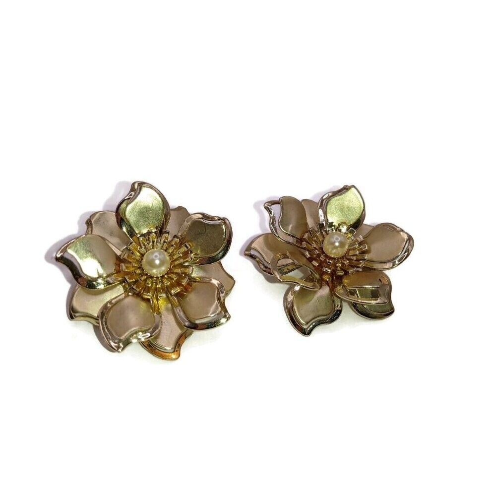 Metal Flower Clip on Earrings with Pearl Center