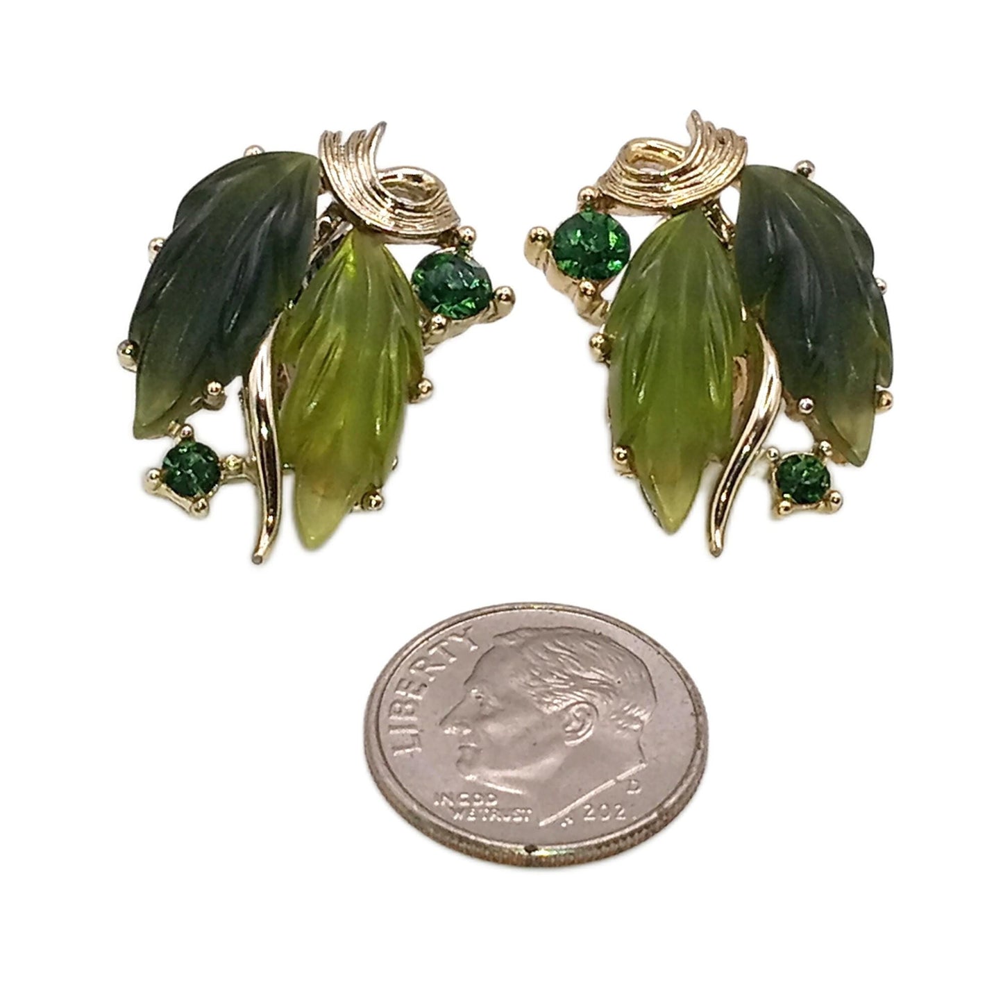1960s Signed LISNER Green Molded Lucite & Rhinestone Leaf Clip Earrings