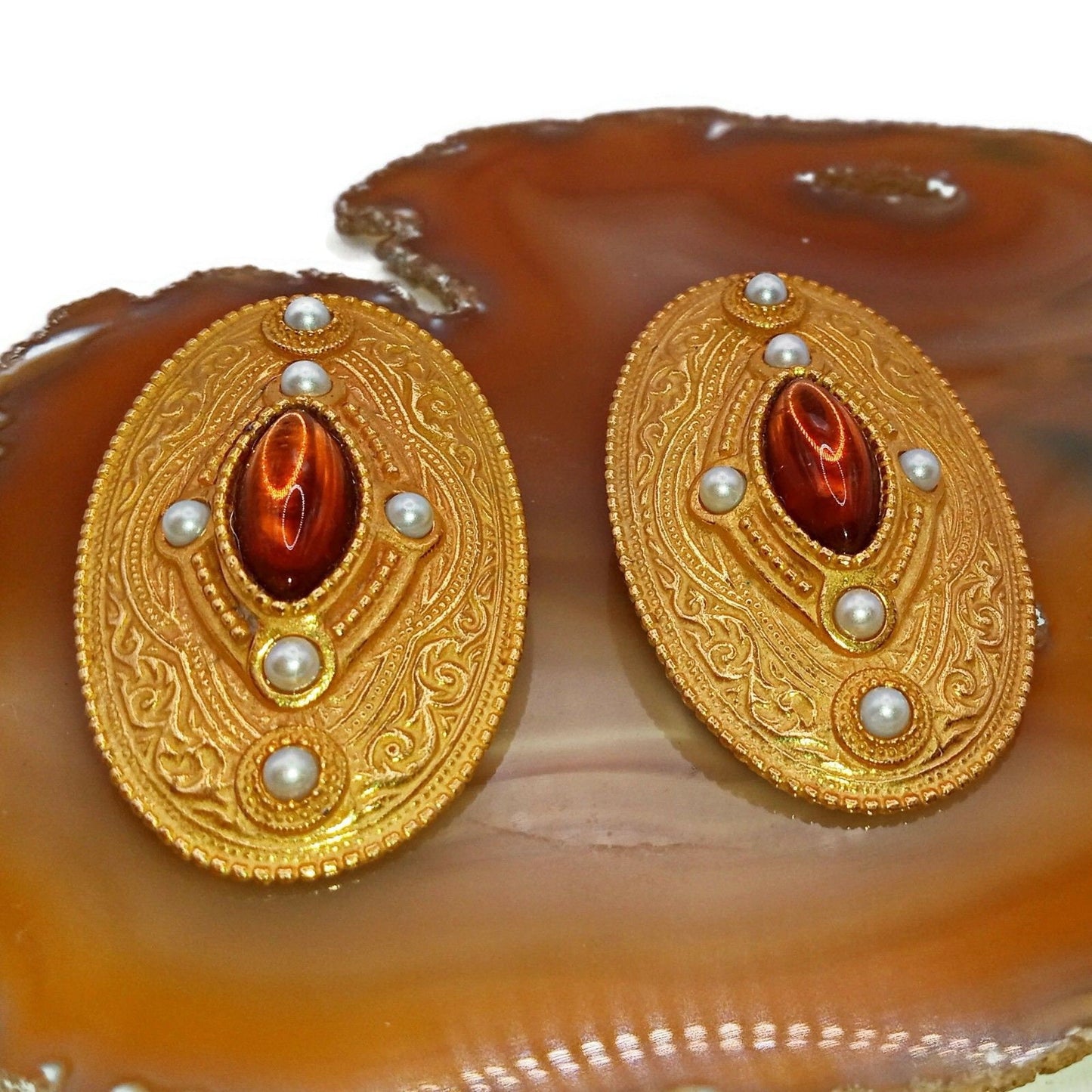 Large Gold Color Metal Rhinestone Clip On Earrings