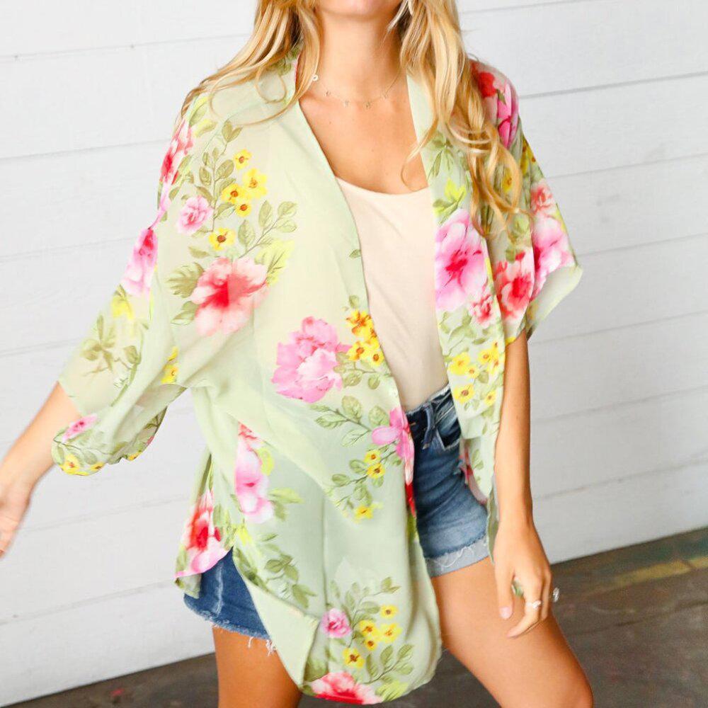 New Sage Floral Print Chiffon Cover Up Kimono Size Large