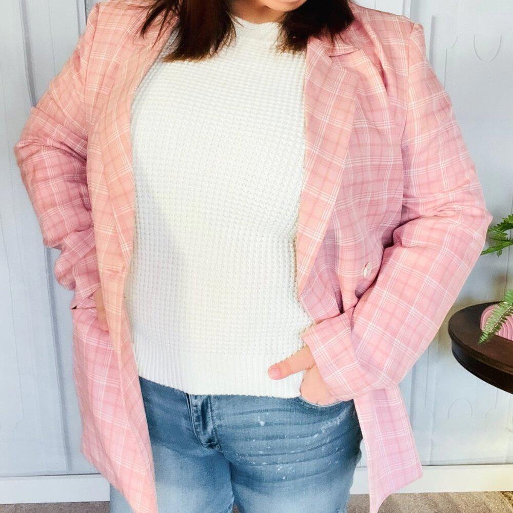 New -Pink Plaid Double Breasted Collar Lapel Blazer 3x
