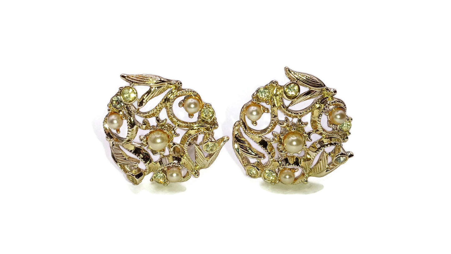 Rhinestone and Pearl Earrings, Clear Rhinestones and Pearls Signed Sarah Cov Clip Earrings