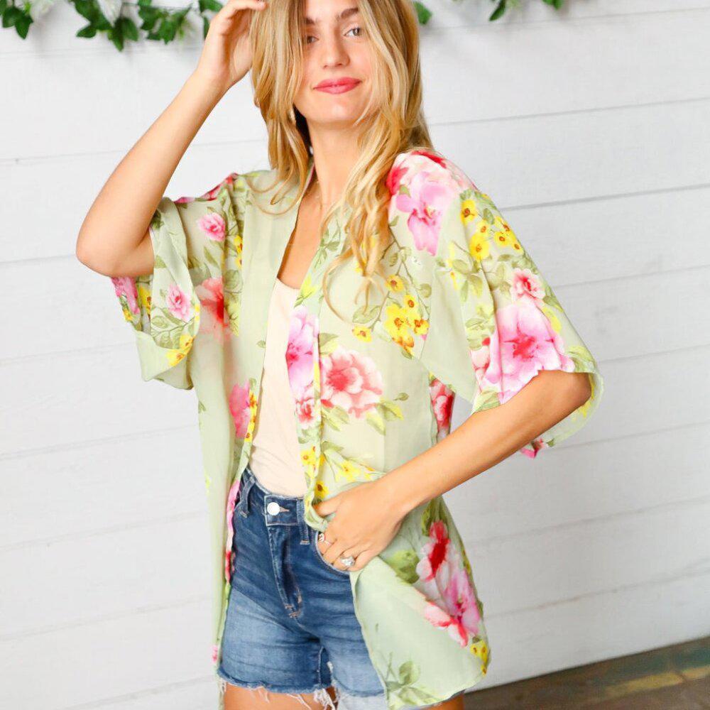 New Sage Floral Print Chiffon Cover Up Kimono Size Large