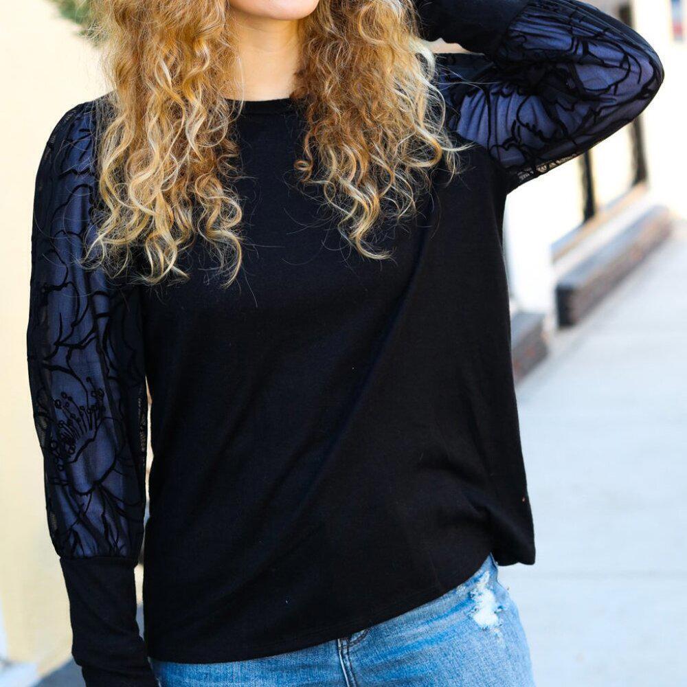 New Black Floral Mesh Bubble Sleeve Top - 1x, 2x, 3x