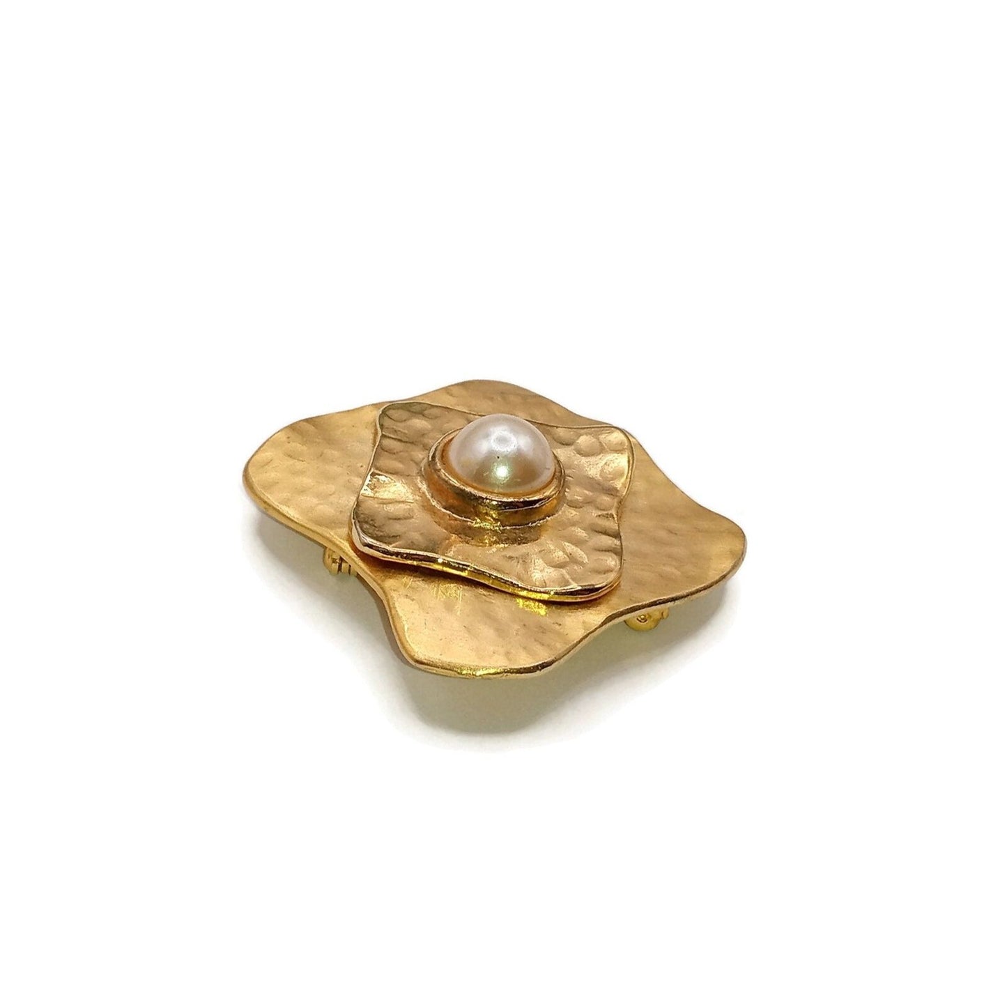 Gold Tone Square Metal Brooch with Faux Pearl Center