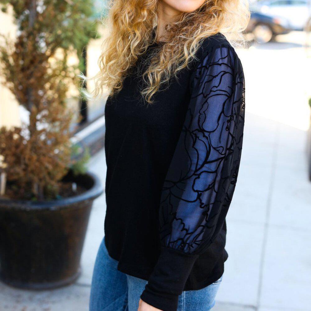 New Black Floral Mesh Bubble Sleeve Top - 1x, 2x, 3x