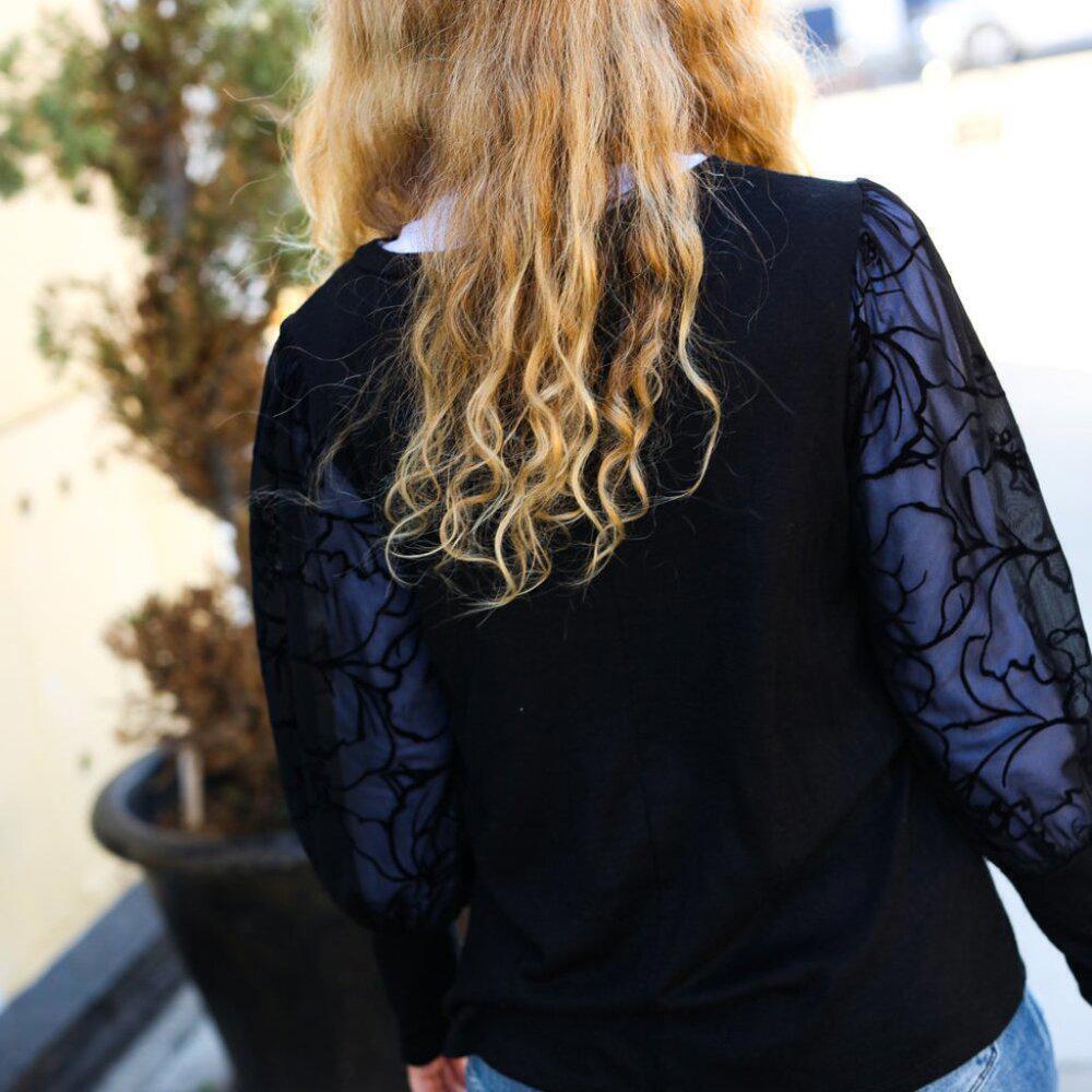 New Black Floral Mesh Bubble Sleeve Top - 1x, 2x, 3x