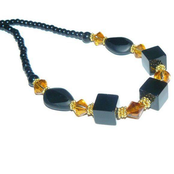 Square Black Beads And Yellow Beaded Necklace-150821