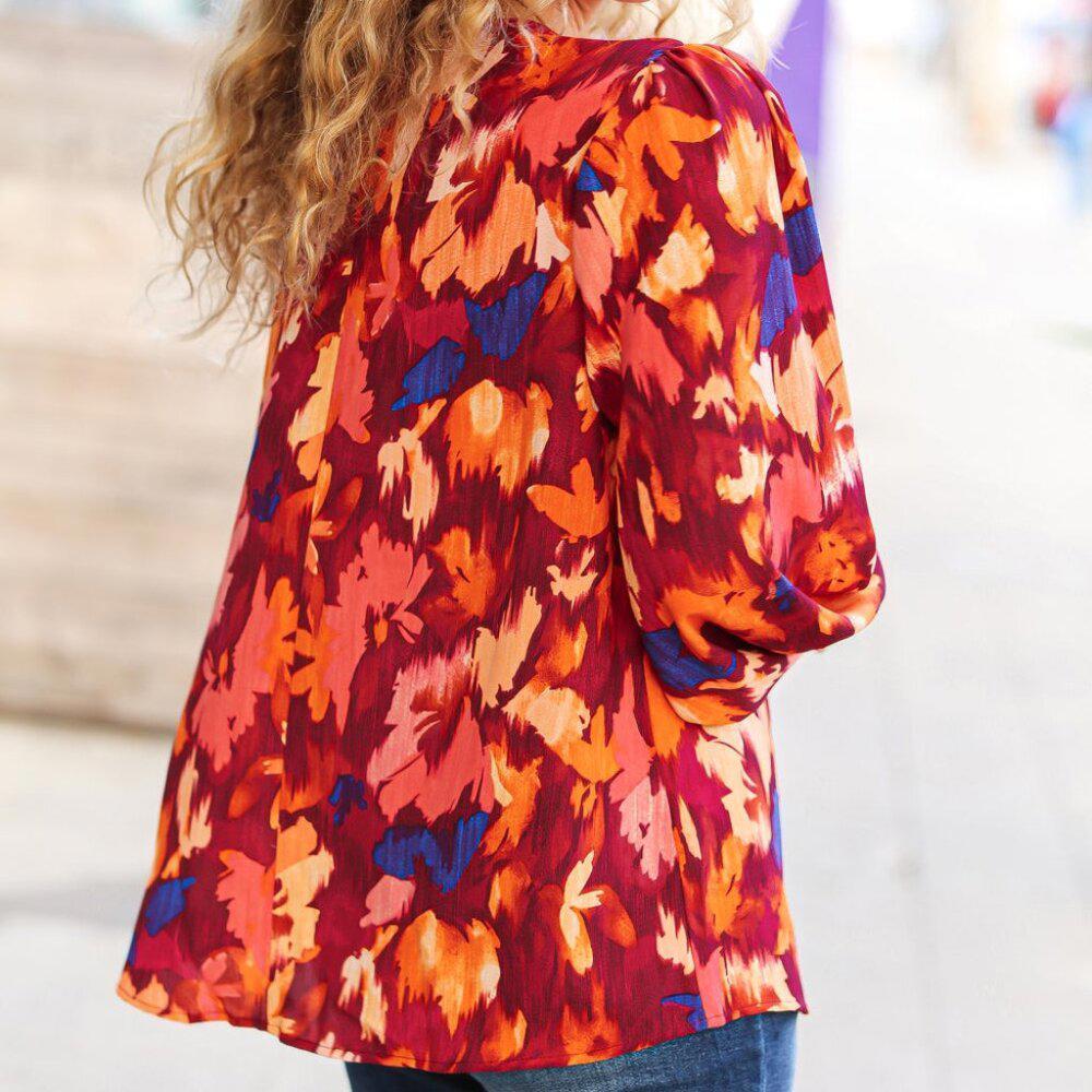 New Burgundy Floral Abstract Print V Neck Smocked Top 3X