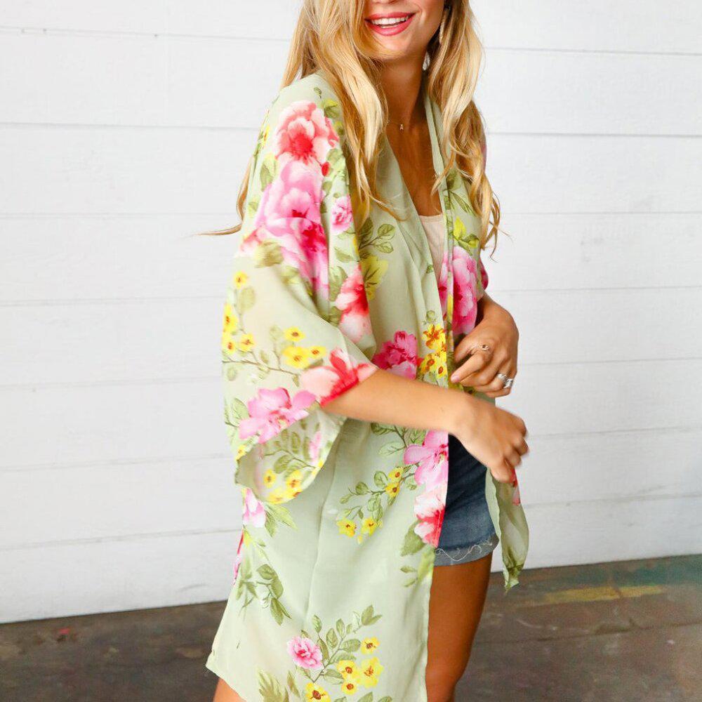 New Sage Floral Print Chiffon Cover Up Kimono Size Large