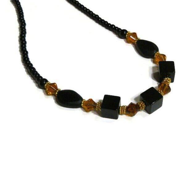 Square Black Beads And Yellow Beaded Necklace