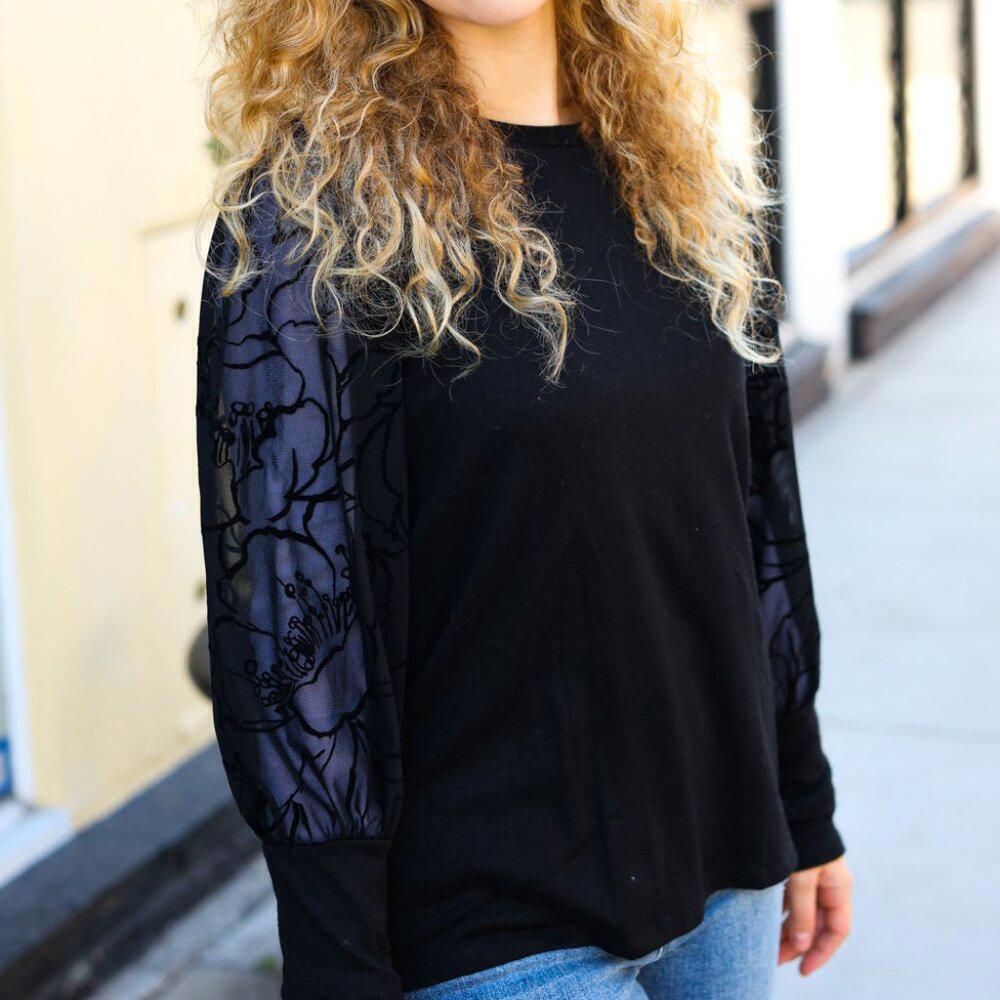 New Black Floral Mesh Bubble Sleeve Top - 1x, 2x, 3x