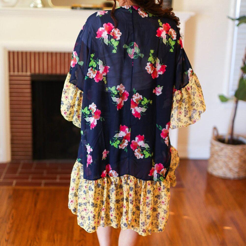New Navy & Yellow Colorblock Floral Chiffon Ruffle Kimono 3X