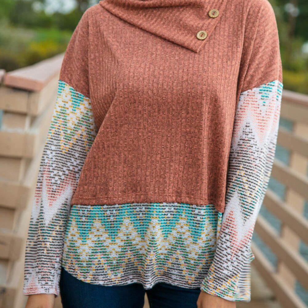 Two Tone Chevron Pattern Oversized Knit Turtleneck -Sizes: 2x, 3x