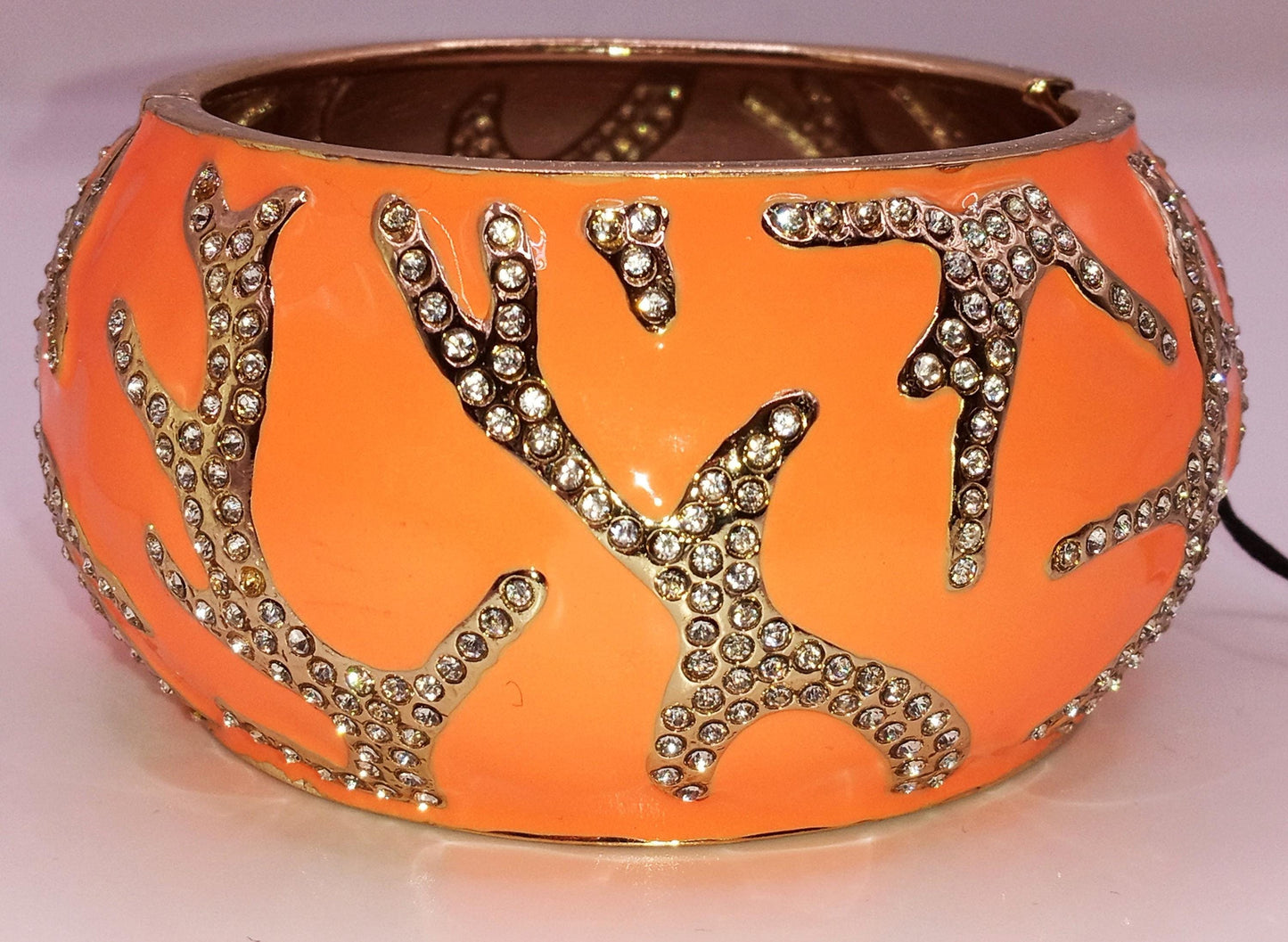 NOS Large Orange Enamel and Rhinestone Clamper Bracelet