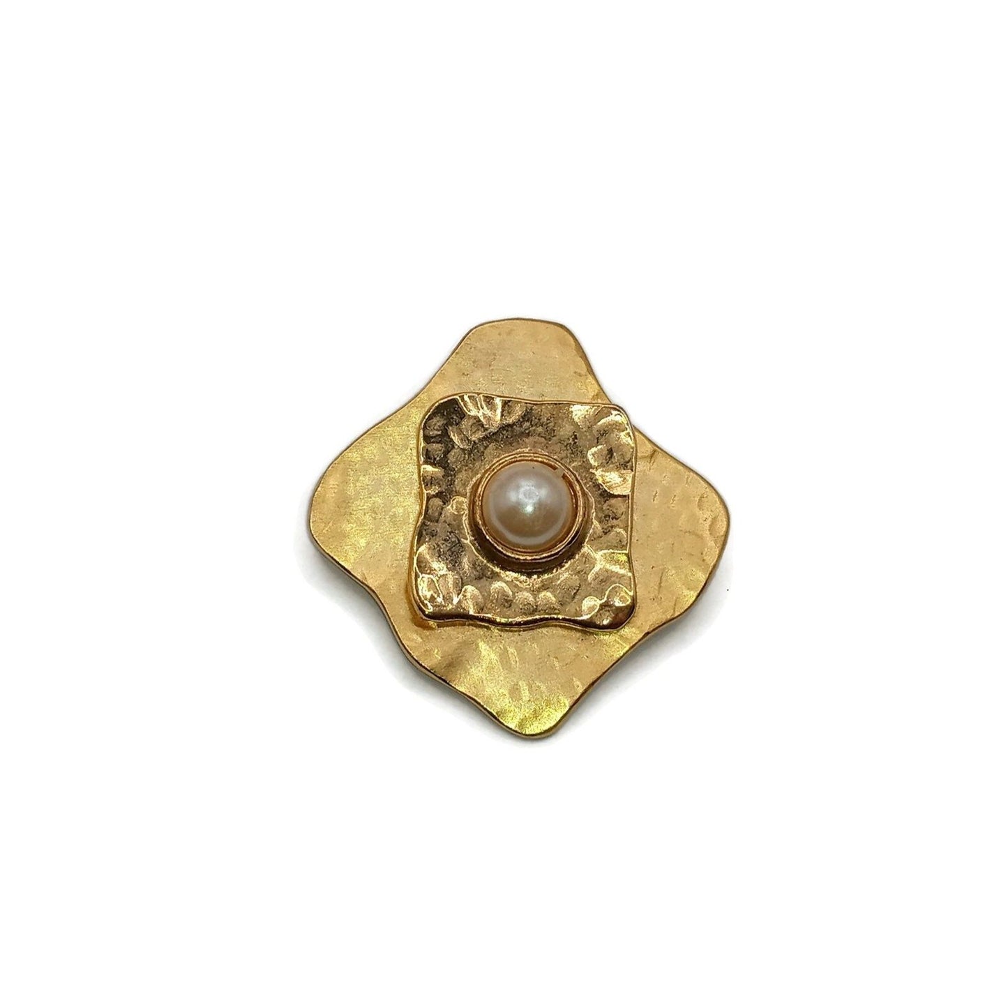 Gold Tone Square Metal Brooch with Faux Pearl Center