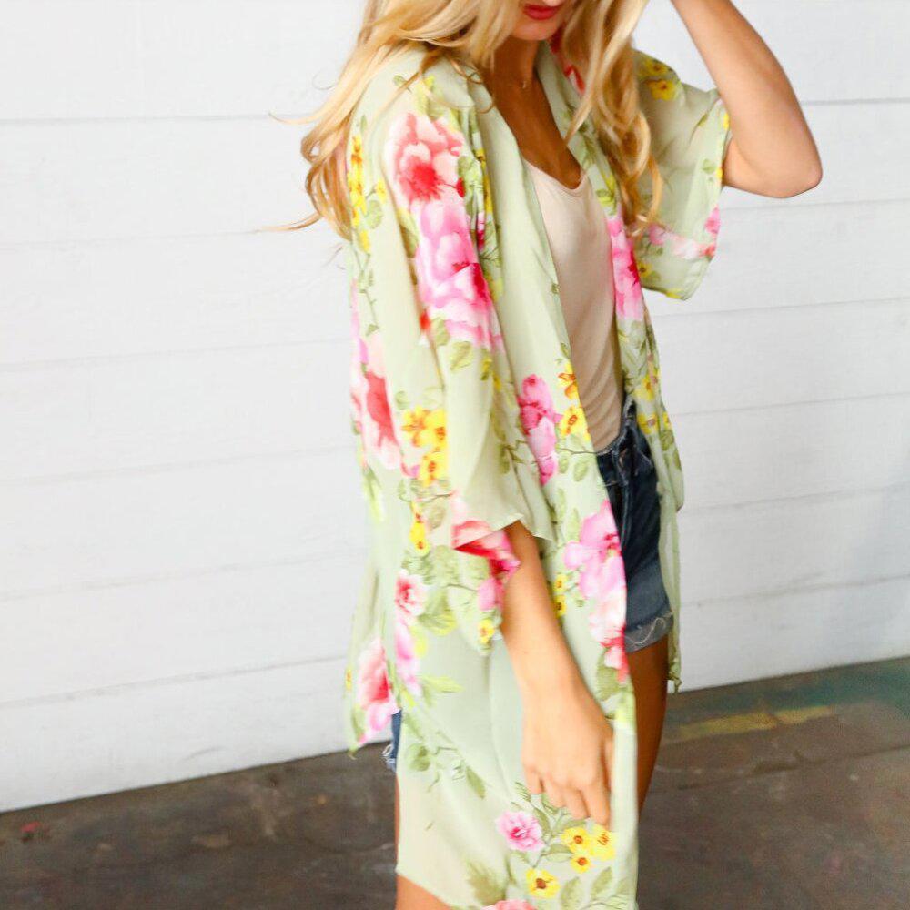 New Sage Floral Print Chiffon Cover Up Kimono Size Large
