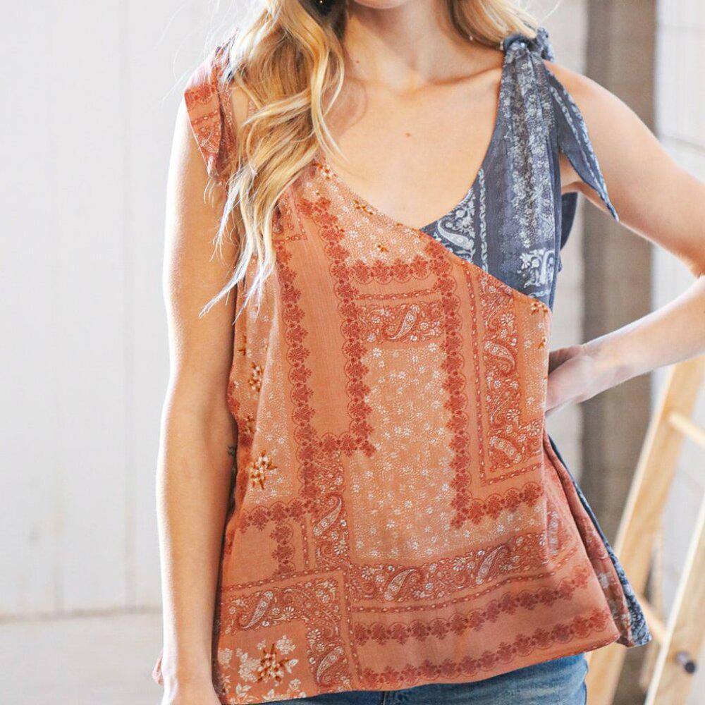 New Coral & Navy Paisley Shoulder Tie Top - 2X