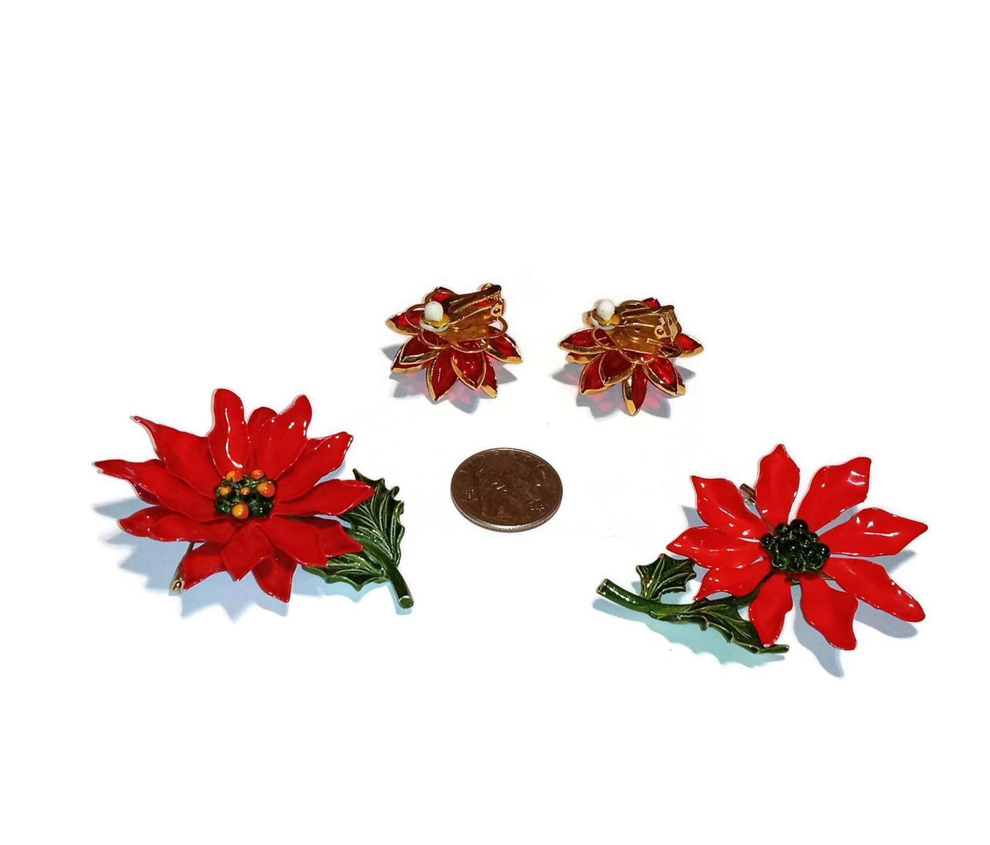 Two Vintage Enamel Poinsettia Brooches and Clip On Earrings Lot