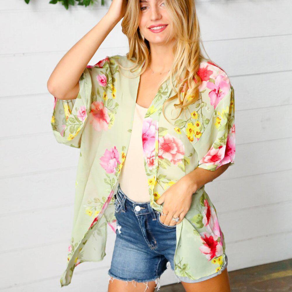 New Sage Floral Print Chiffon Cover Up Kimono Size Large