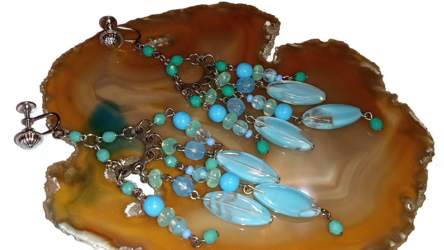 Long Glass Blue and Green Chandelier Boho Earrings