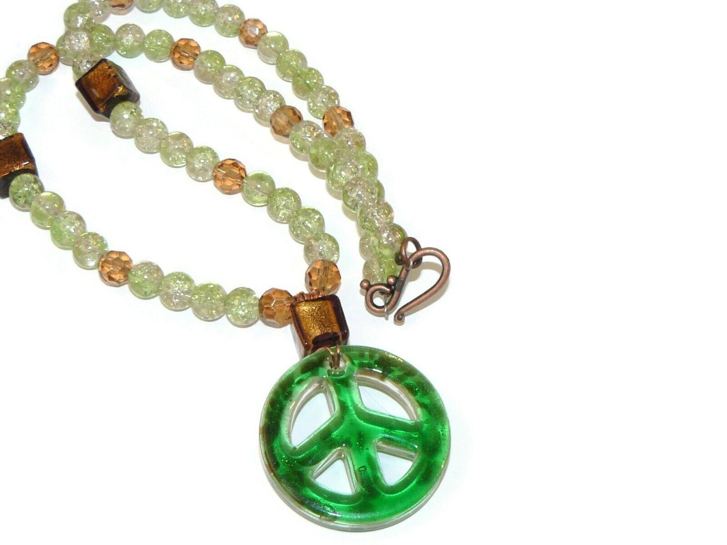 Green Glass Peace Sign Pendant Necklace