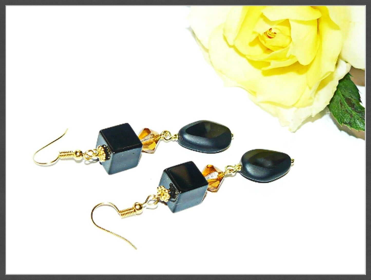 Black Beaded Earrings, Elegant Earrings, Black and Gold Color Earrings
