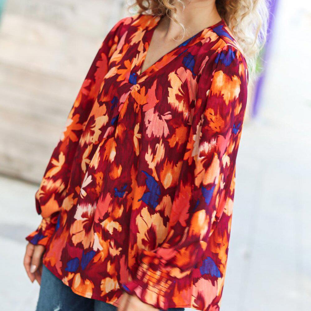 New Burgundy Floral Abstract Print V Neck Smocked Top 3X
