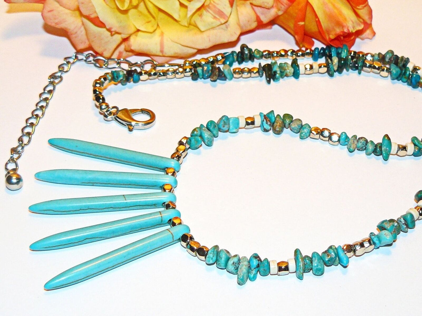 Genuine Turquoise and Magnesite Beaded Necklace-1480040