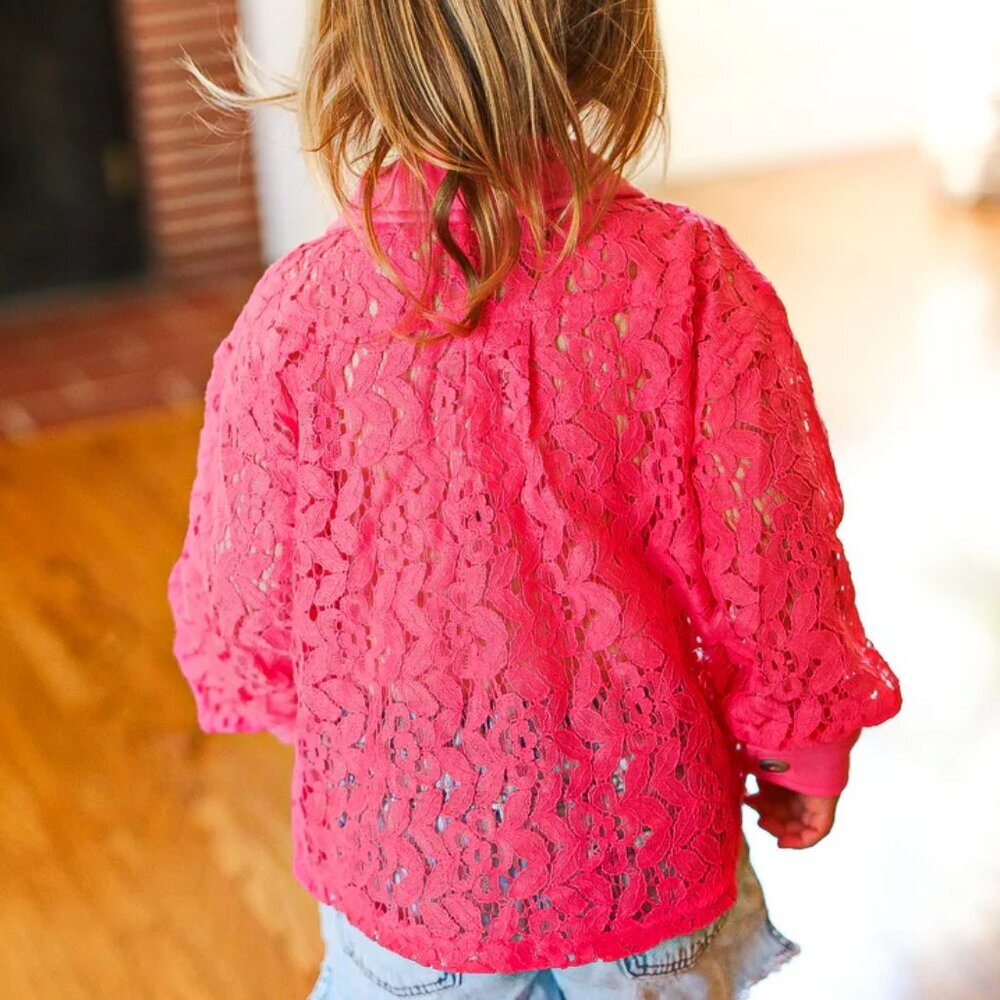 NWT Sizes Sm, Medium & XL 10/12-Rose Cotton Floral Lace Button Down Top