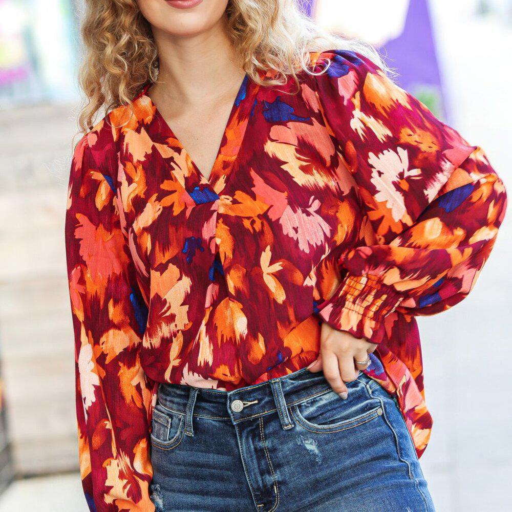 New Burgundy Floral Abstract Print V Neck Smocked Top 3X
