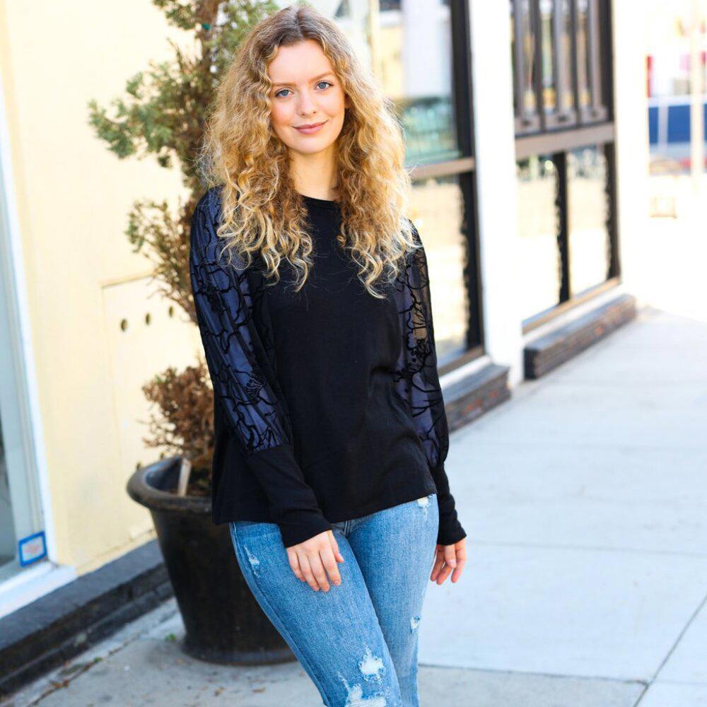 New Black Floral Mesh Bubble Sleeve Top - 1x, 2x, 3x