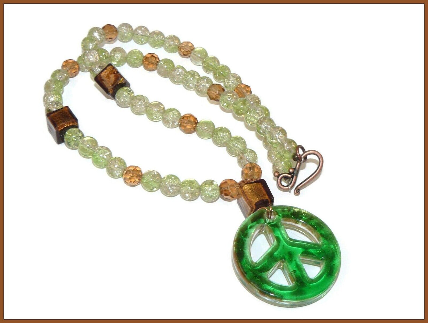 Green Glass Peace Sign Pendant Necklace