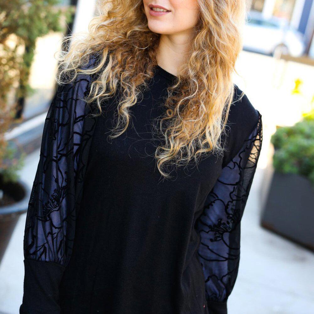 New Black Floral Mesh Bubble Sleeve Top - 1x, 2x, 3x