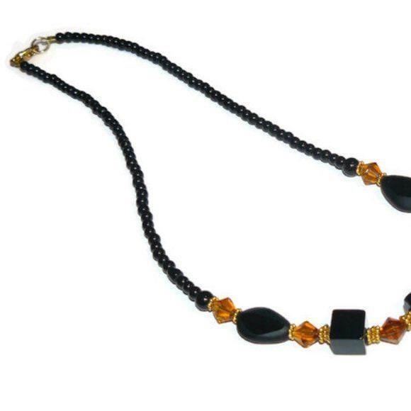 Square Black Beads And Yellow Beaded Necklace