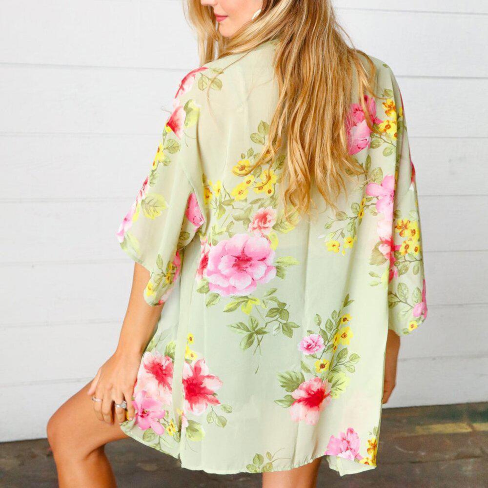 New Sage Floral Print Chiffon Cover Up Kimono Size Large
