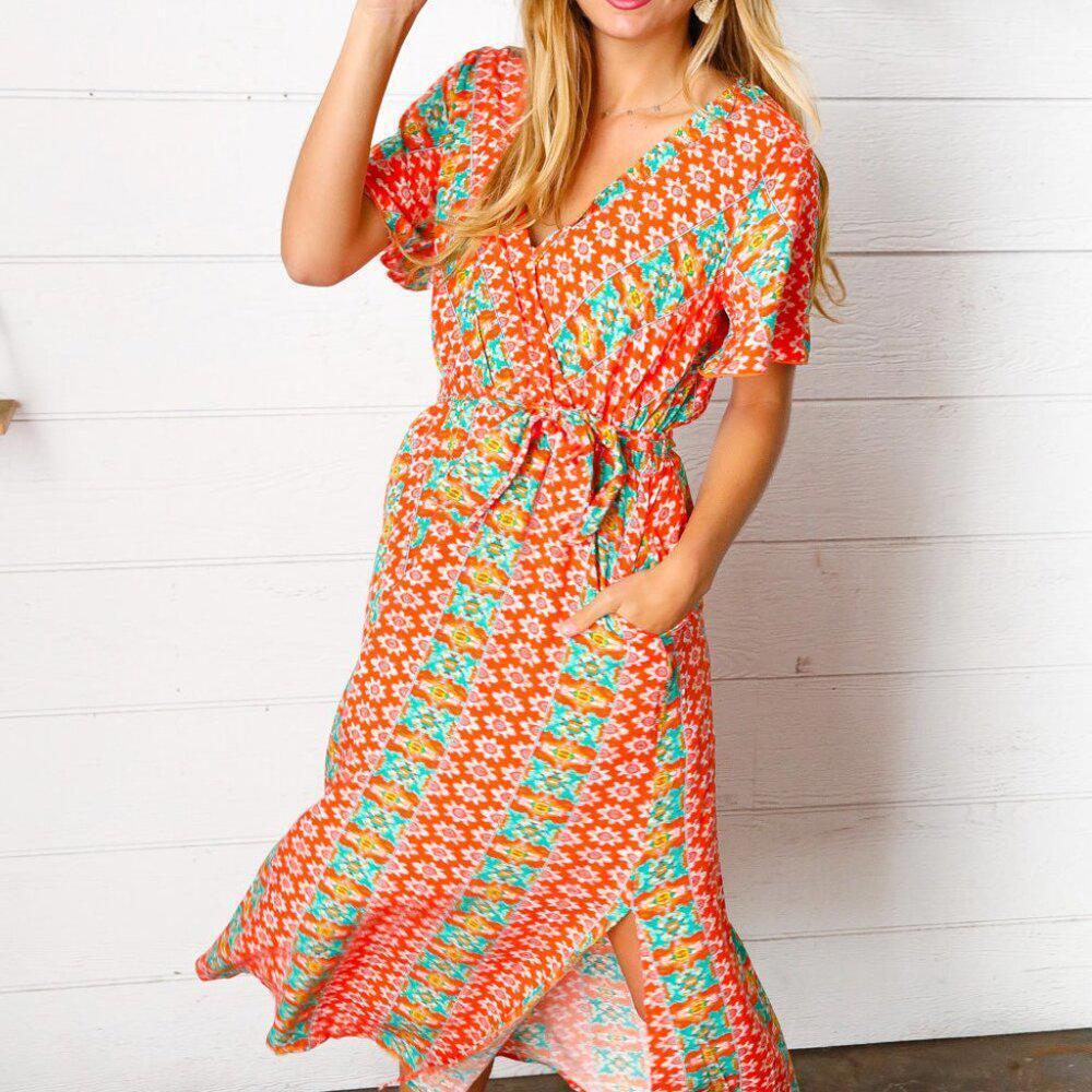 New Orange Boho Print Surplice Sash Belt Midi Dress - 3X