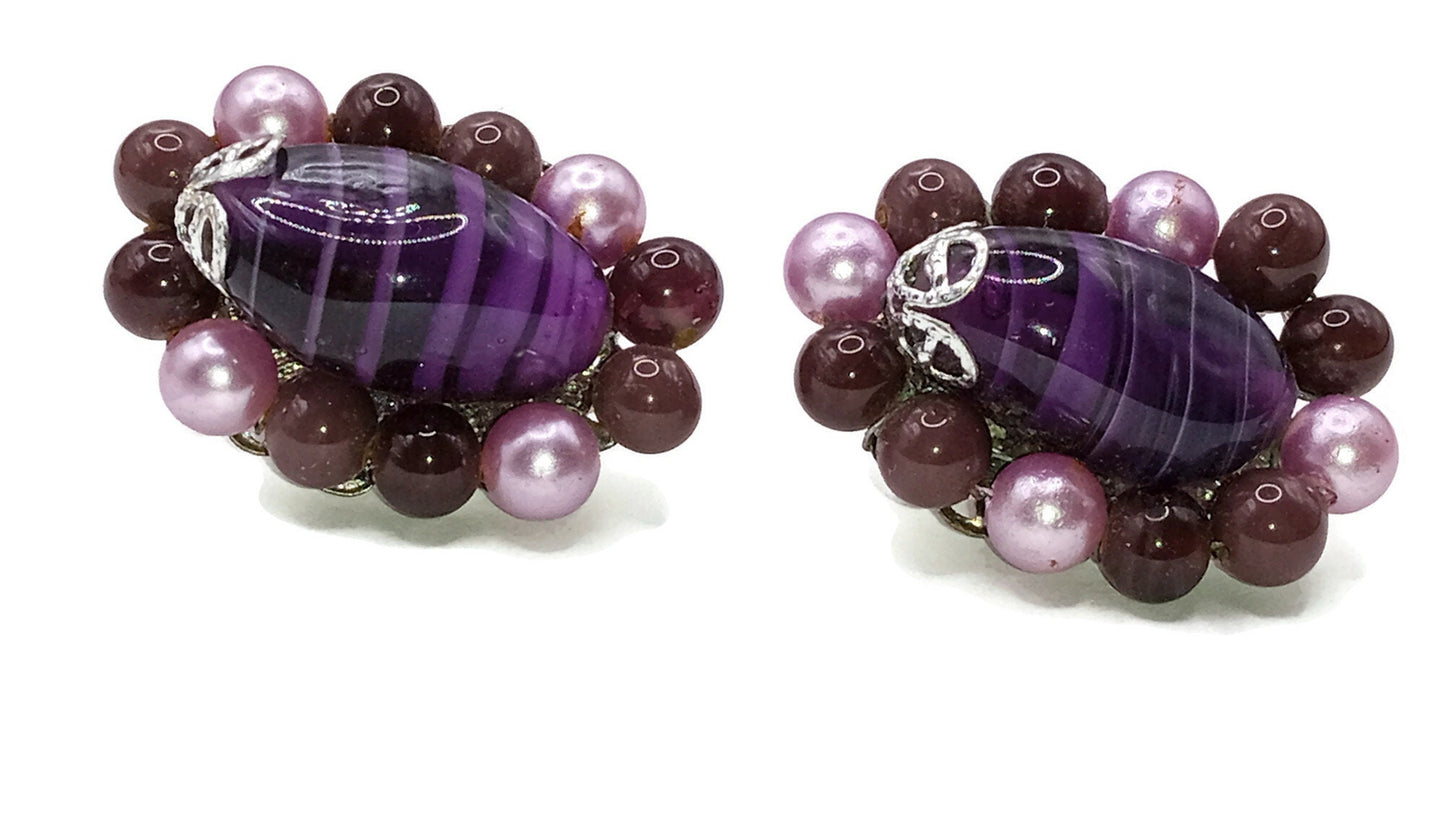 Fancy Purple Art Glass Clip on Earrings by TARA
