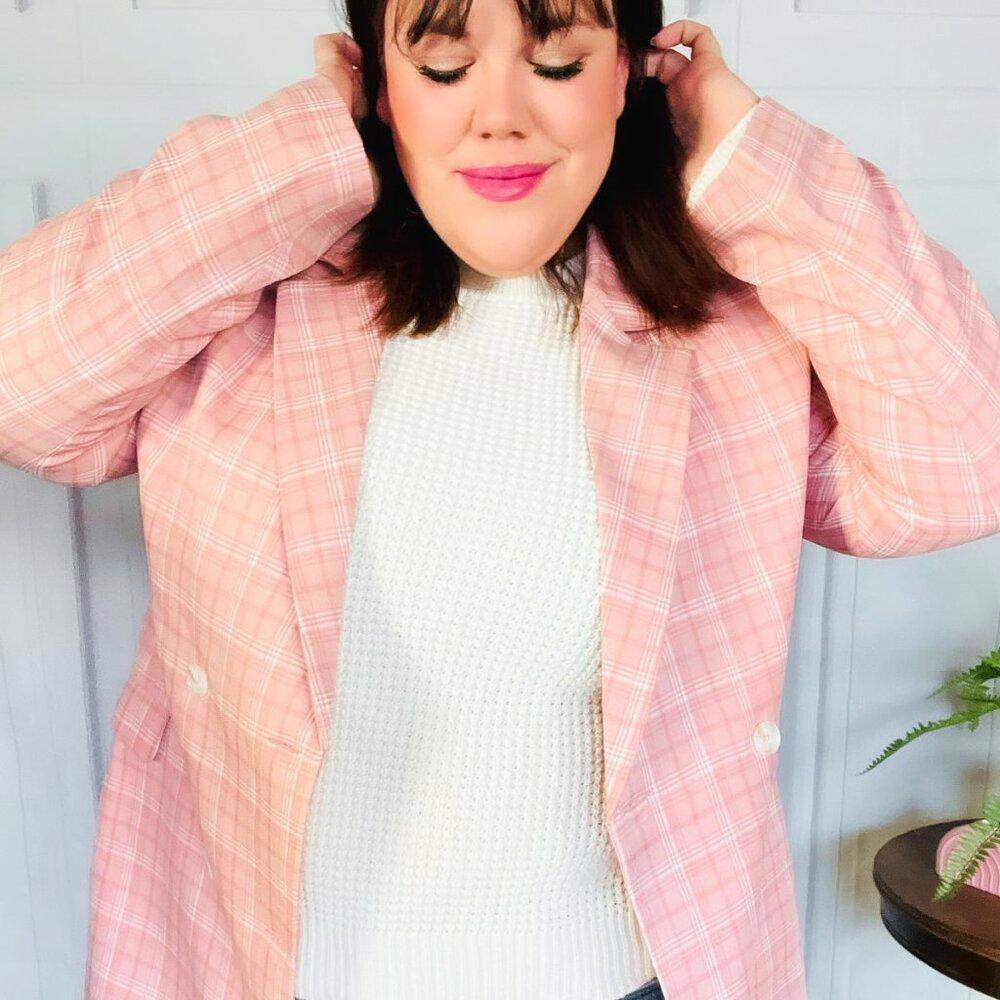New -Pink Plaid Double Breasted Collar Lapel Blazer 3x