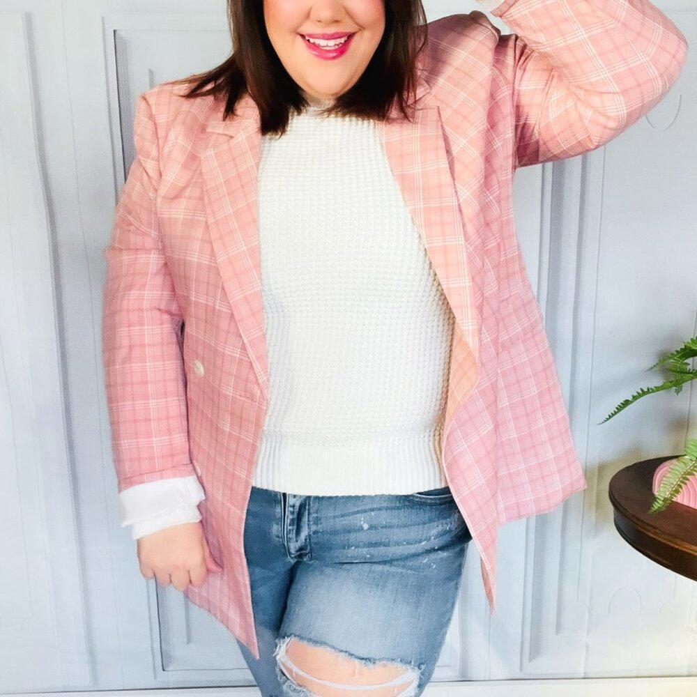 New -Pink Plaid Double Breasted Collar Lapel Blazer 3x