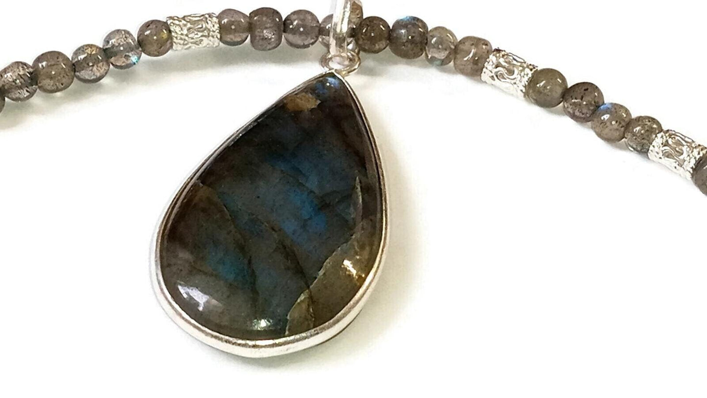Natural Labradorite Beaded Necklace with All Sterling Silver Findings