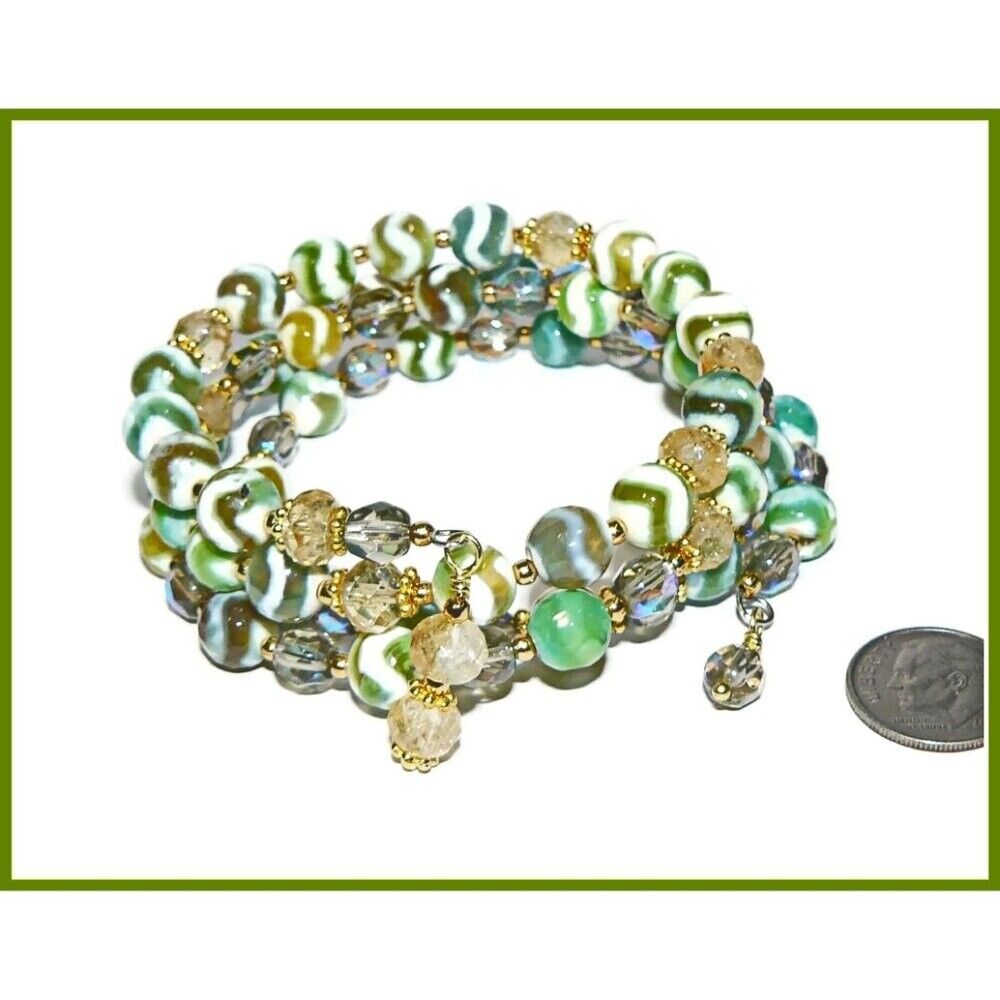 Tibetan Beads with Citrine Gold Plated Spacers Memory Wire Bracelet