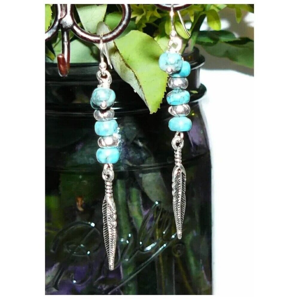 Genuine Turquoise Long Beaded Earrings with Feather