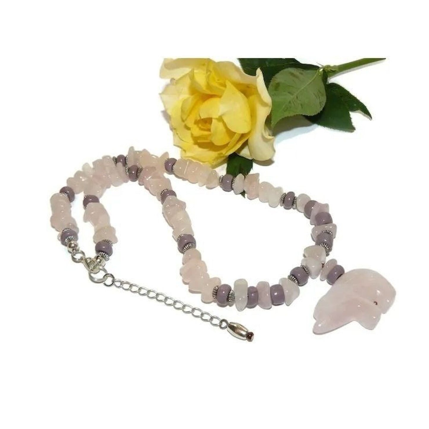 Bear Pendant Rose Quartz Bead Necklace
